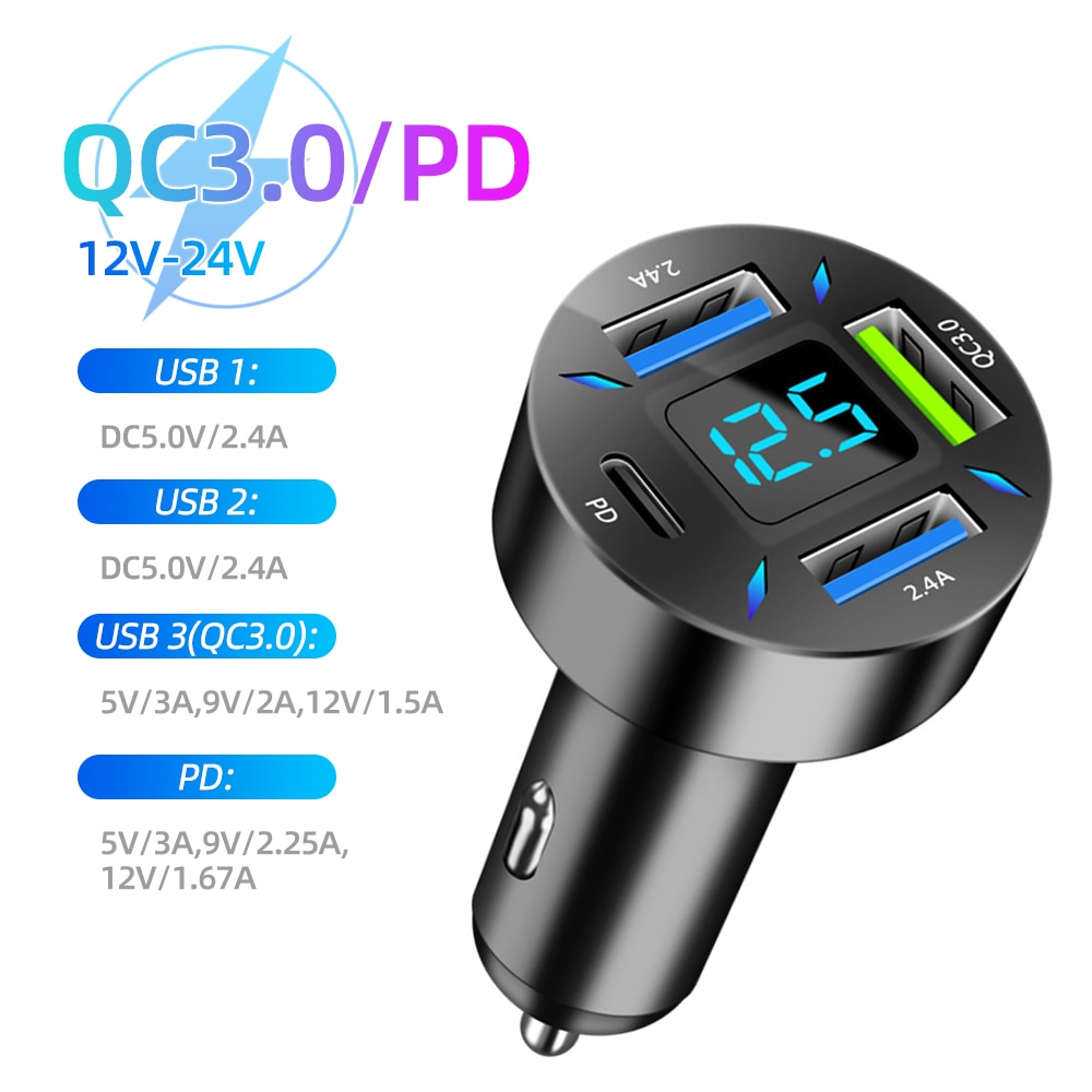 

Автомобильное зарядное устройство 4 в 1, 66 Вт, быстрая зарядка PD QC3.0 с вольтметром, гнездом прикуривателя, адаптер питания для iPhone11 12 Samsung Xiaomi