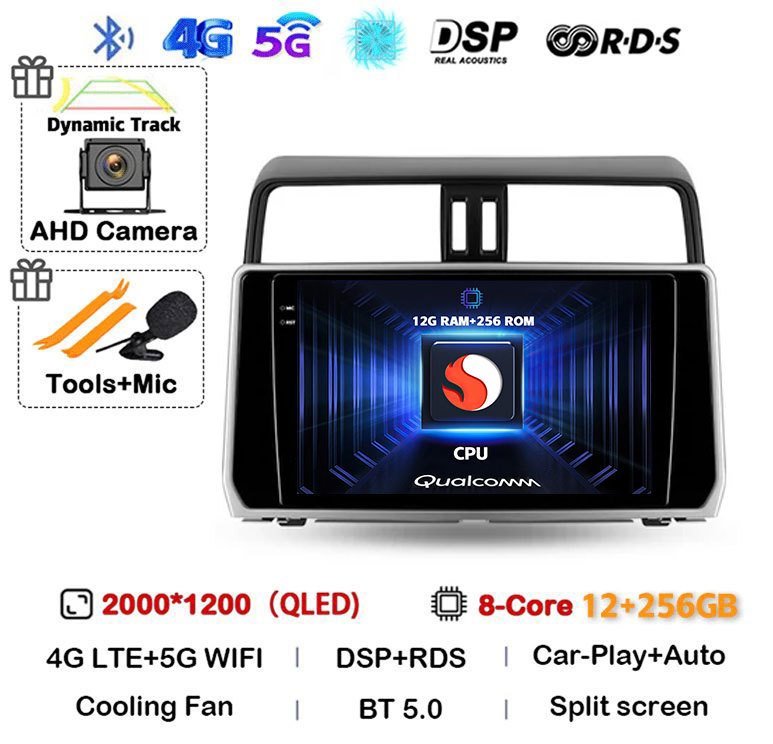 

Автомагнитола Carplay для Toyota Land Cruiser Prado 150, 2018, 2019, 2020, Android 14, мультимедийный проигрыватель с Wi-Fi и 4G, 2 Din, видео, стерео