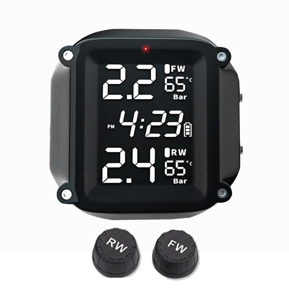 

Беспроводная система контроля давления в шинах мотоцикла TPMS, 2 шт., внешний датчик, ЖК-дисплей времени, монитор температуры в шинах, сигнализация