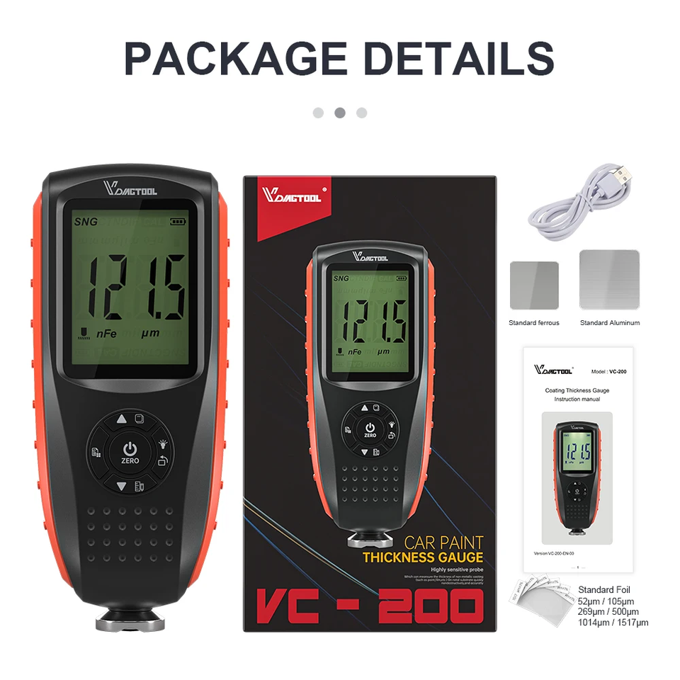 

VDIAGTOOL VC200 Тестер толщины автомобильной краски FE/NFE Датчик толщины покрытия ЖК-дисплей Подсветка Тестер краски Самокалибровка Зарядка через USB Автоматическое отключение