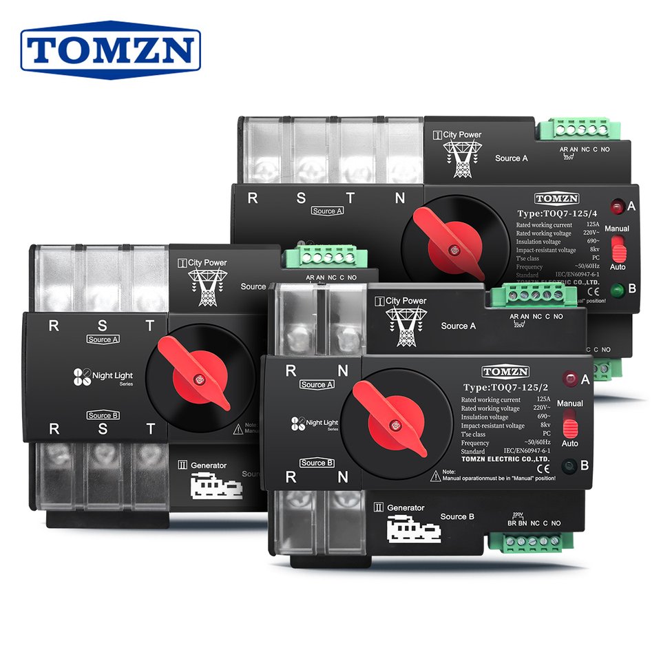 

TOMZN Din-рейка, 3-фазный 2P3P4P 63A, 100A, 125A, 230 В, двойная мощность, автоматическая передача, электрический селекторный переключатель, бесперебойный ATS