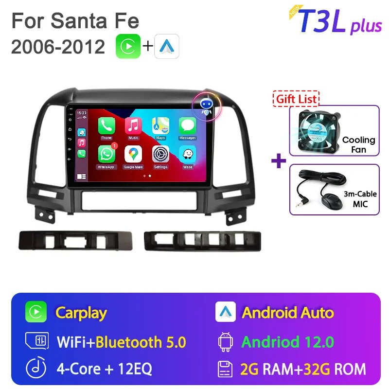 

Srnubi 9 дюймов Android 12 Автомобильный радиоприемник для Hyundai Santa Fe 2 2006-2012 Мультимедийный плеер 2 Din Carplay Стерео GPS 2din DVD головное устройство