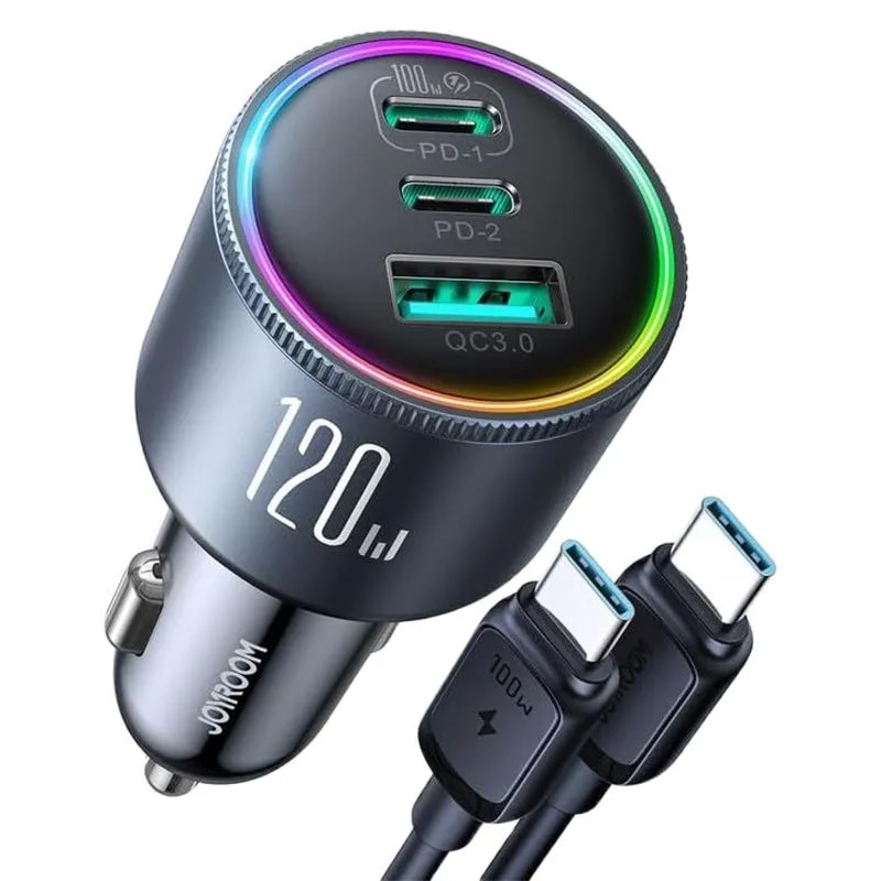 

Автомобильное зарядное устройство Joyroom 120 Вт USB C 3-портовое автомобильное зарядное устройство для телефона Быстрая зарядка нескольких устройств PD 100 Вт и 35 Вт QC 3.0/4.0