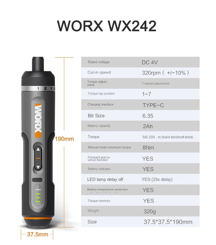 

Набор мини-электрических отверток Worx 4V WX240/WX241/WX242