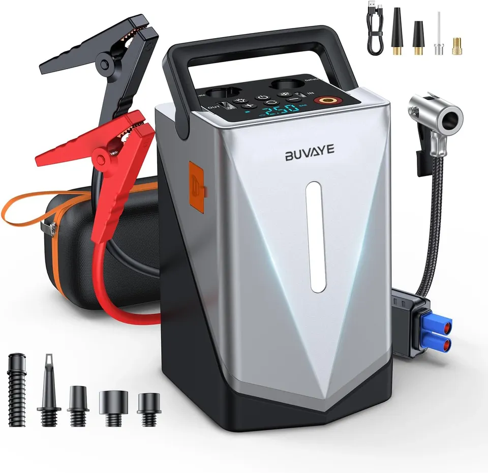 

Портативный стартер BUVAYE, воздушный компрессор 150PSI с воздушным насосом, 2500A, усилитель батареи, 250 л/мин, надувной насос для надувной кровати, лодки