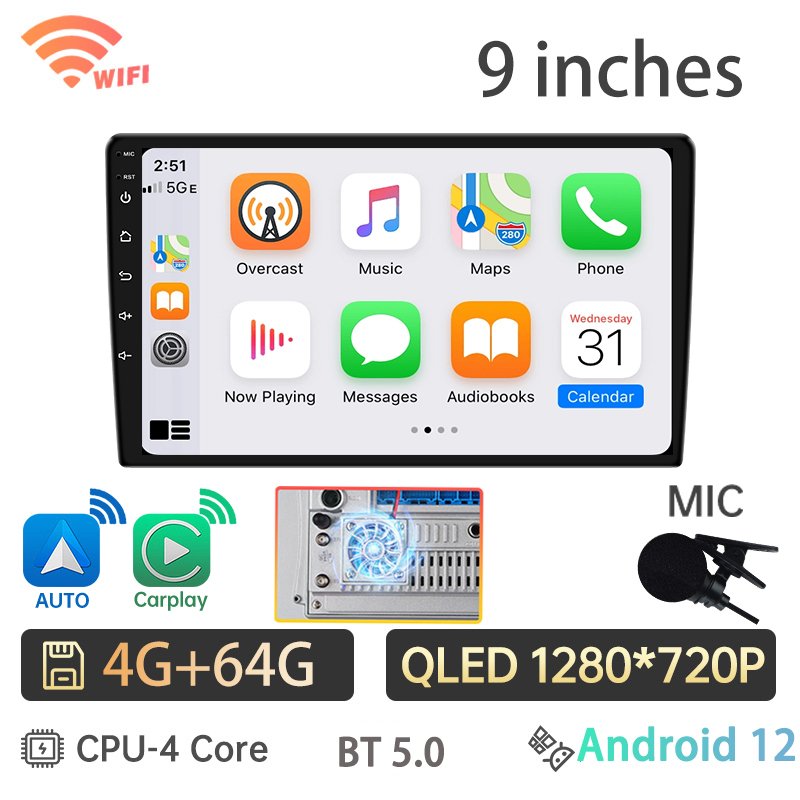 

Автомобильный мультимедийный плеер Carplay, Android 12, 7/9/10 дюймов, 4 ядра, Wi-Fi, универсальный GPS, Универсальная автомобильная аудиосистема, 2 din