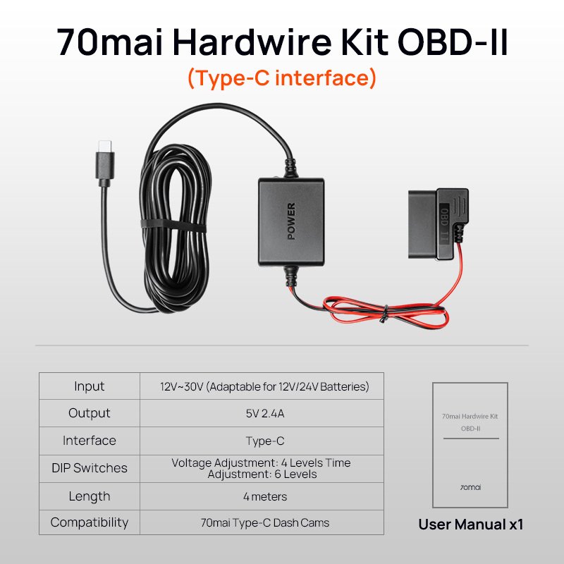 

Комплект жесткого провода 70mai Интерфейс OBD II Type-C для 70mai Dash Cam A810 A510 X800 X200 Plug & Play 70mai OBD 24H Парковое наблюдение