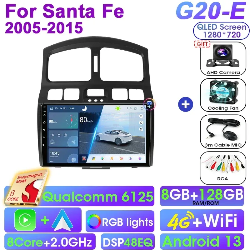

Для Hyundai Classic Santa Fe 2005-2015 2 Din Android 13 Автомобильный радиоприемник Qualcomm SM6125 Мультимедийный видеоплеер Стерео 4G Carplay Auto