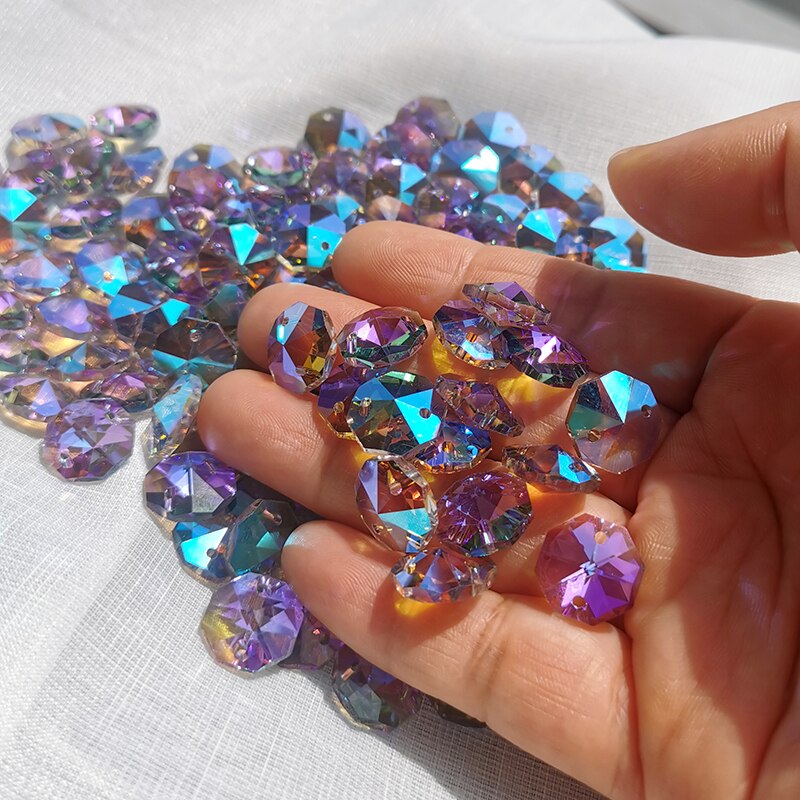 

40pcs AAA Charm Purple Color 14mm Crystal Lighting Octagon Beads In 2Holes Glass Chandelier Parts Glass Curtains Accessories