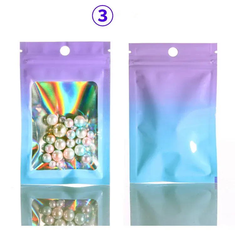

100/300PCS Hologram Gradient Aluminum Foil Ziplock Window Bag DIY Holographic Jewelry Cosmetics Snack Gifts Packaging Pouches