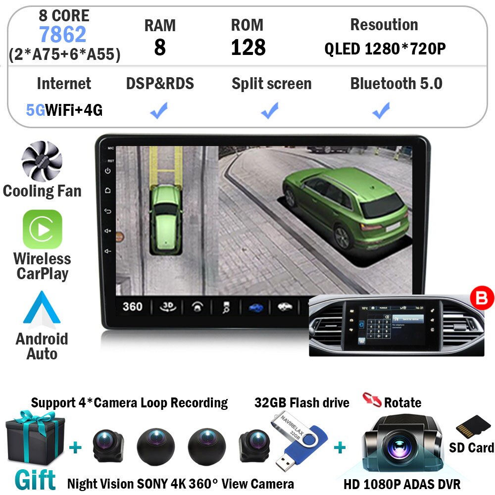 

Автомагнитола 9 дюймов, Android 14, для Peugeot 308, T9, 308S, 2013-2017, IPS экран, стереоприемник, мультимедийный плеер с GPS, Carplay + автомобильный DVD