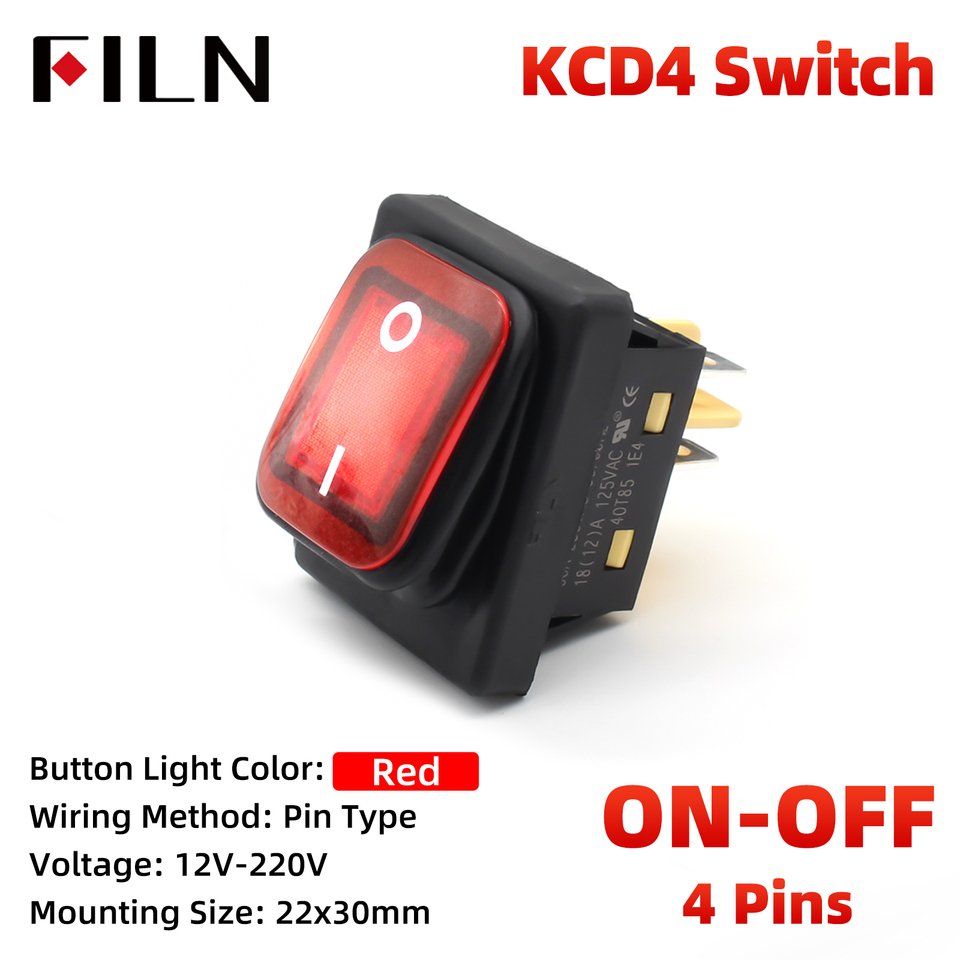 

FILN 30A 250VAC 12V 24V Водонепроницаемый кулисный переключатель KCD4 DPST Кулисный переключатель IP67 Переключатель включения выключения со светодиодной лампой с подсветкой