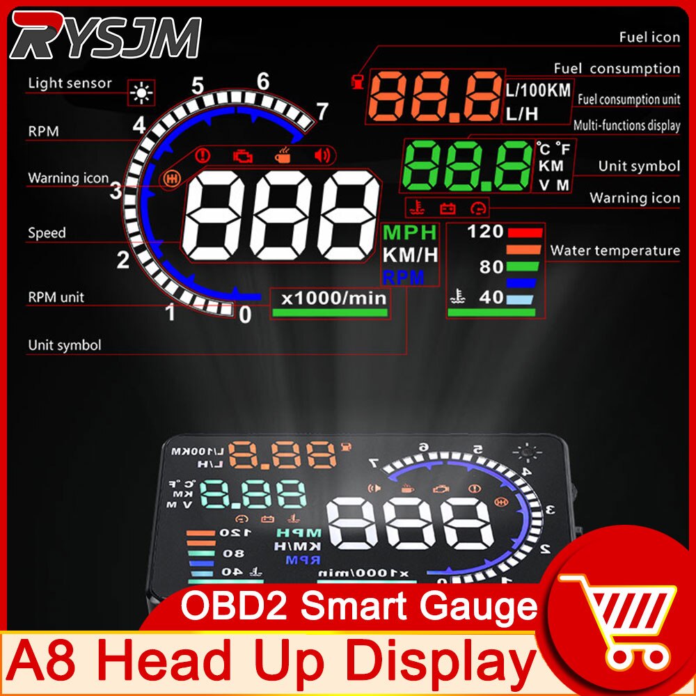 

A8 OBD2 HUD Автомобильный проекционный дисплей Светодиодный проектор на лобовое стекло Спидометр MPH KM/H Измеритель об/мин Температура воды Сигнализация скорости напряжения Значок топлива