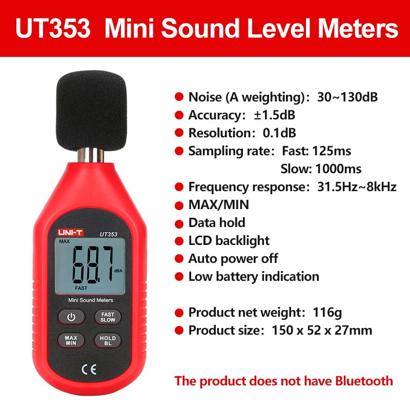 

Цифровой измеритель уровня звука UNI-T UT353, шумомер UT353BT 30-130 дБ, децибел-тестер, шумодетектор, Bluetooth
