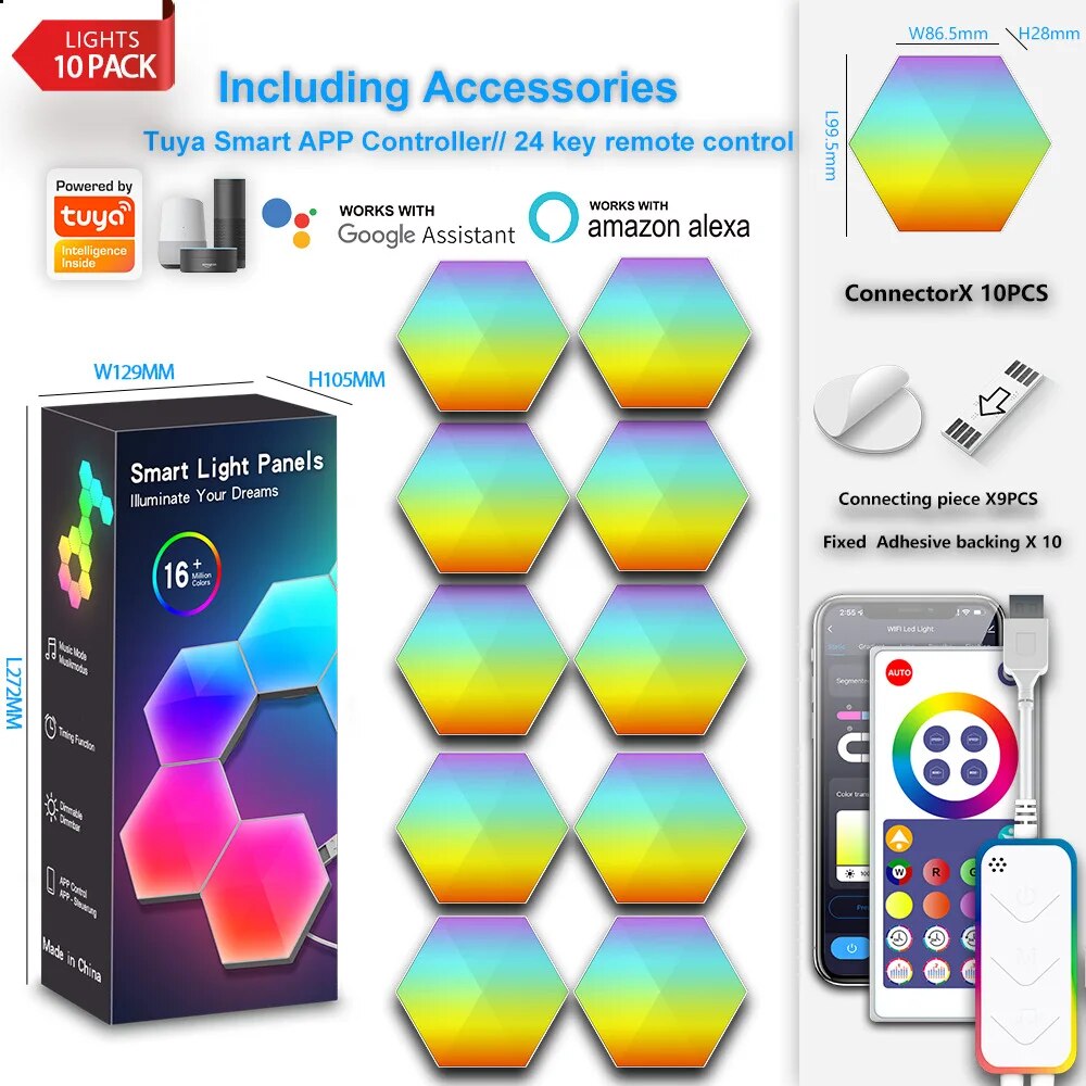 

RGB светодиодный шестиугольный настенный светильник Smart Wi-Fi ночник Tuya Bluetooth-совместимый Alexa Google Assistant для игровой комнаты ТВ декор стены