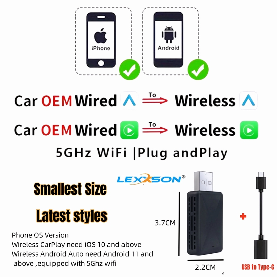 

LEXXSON беспроводной Android автомобильный адаптер беспроводной Apple CarPlay Ai Box 2024 USB Type-C 2 в 1 фотоадаптер для Audi VW Benz Honda Ford