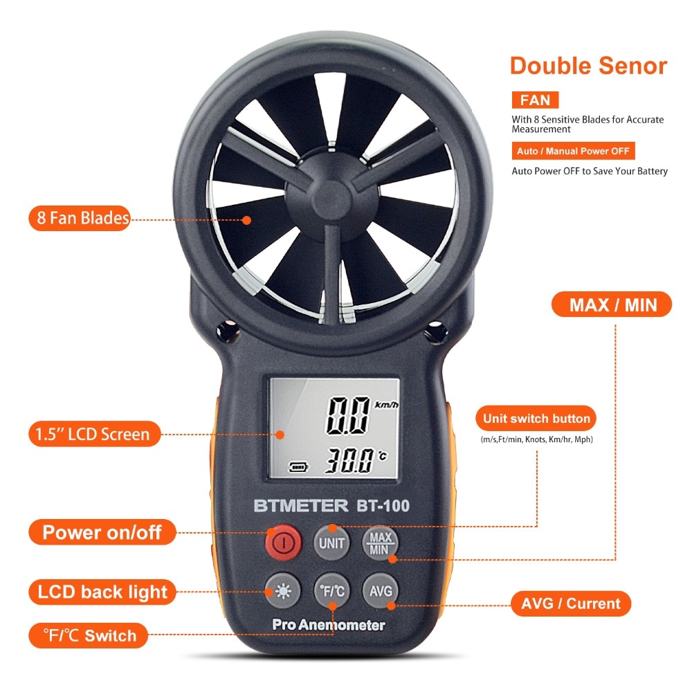 

BTMETER BT-100 Цифровой Анемометр