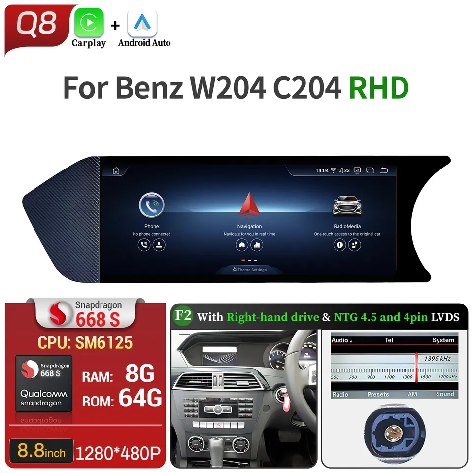 

8,8-дюймовый Android 14 для Mercedes Benz C Class W204 S204 2011-2015, автомобильный радиоприемник BT Carplay Qualcomm Snapdragon 680, экран головного устройства