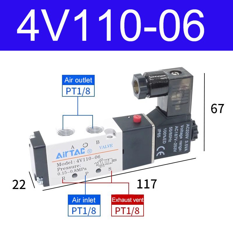 

AIRTAC Электромагнитный клапан 4V110-06 4V210-08 4V310-10 4V410-15