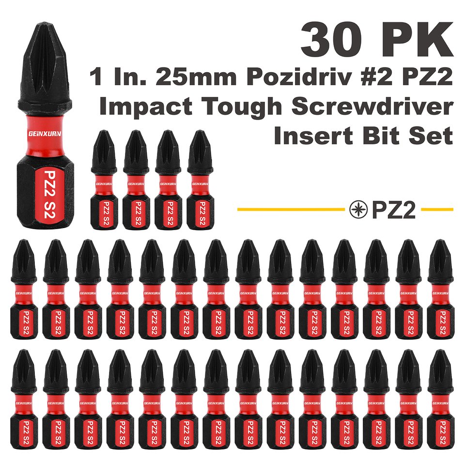 

Geinxurn 1 дюйм Pozidriv # 2 комплекта ударных отверток PZ2, набор бит для отверток из легированной стали S2
