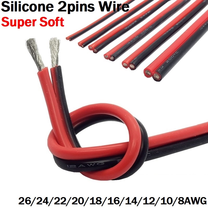 

Медный провод силиконовый 8-30AWG 2 контакта черный/красный