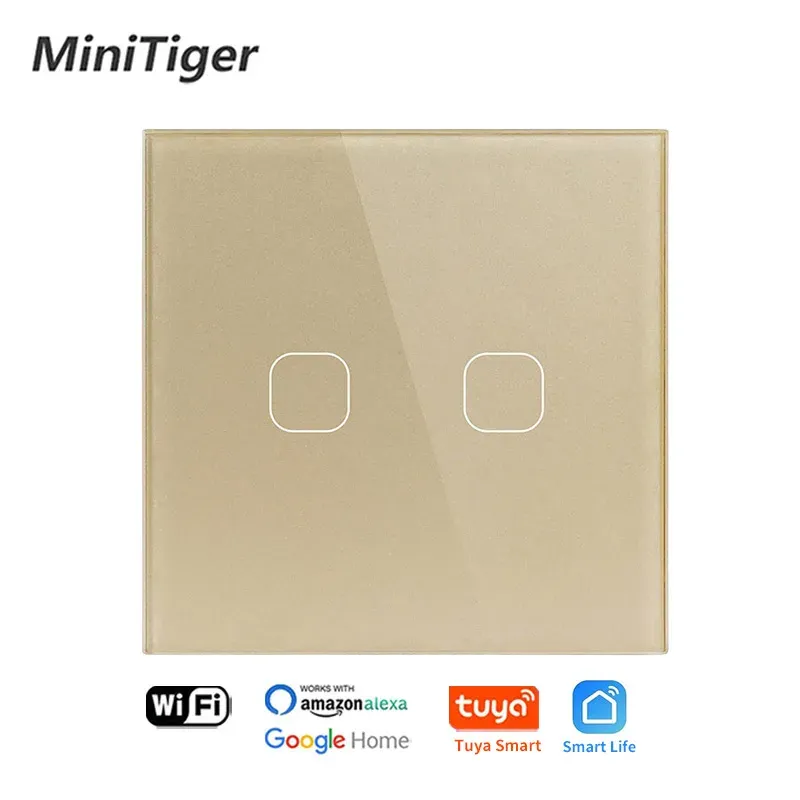 

Minitiger 4-цветная панель из хрустального стекла, стандарт ЕС/Великобритании, 1/2/3 Gang, сенсорный переключатель Wi-Fi, управление через приложение Tuya, беспроводной настенный выключатель