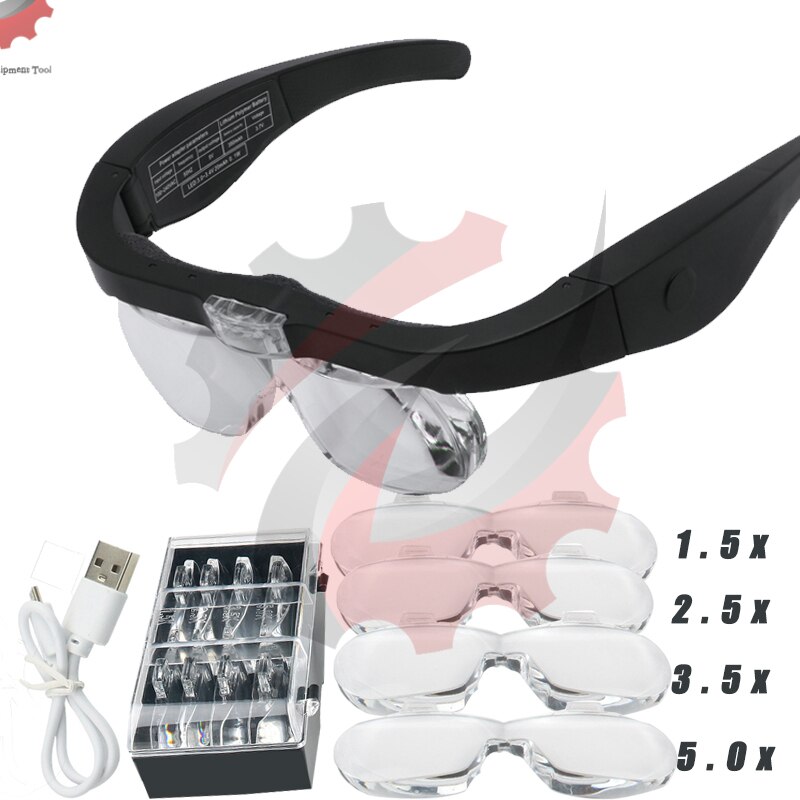 

Увеличительные очки Magnifier1.5X 2.5X 3.5X 5.0X USB перезаряжаемые со светодиодной подсветкой для чтения ювелиров Ремонт часовщиков Ношение