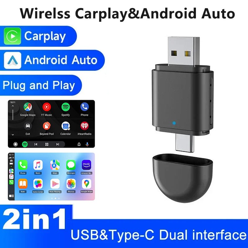 

Мини-беспроводной Carplay & Android Auto Беспроводной адаптер 2-в-1 Интеллектуальный USB-адаптер Usb & Type-C Двойной разъем Быстрое подключение Wi-Fi