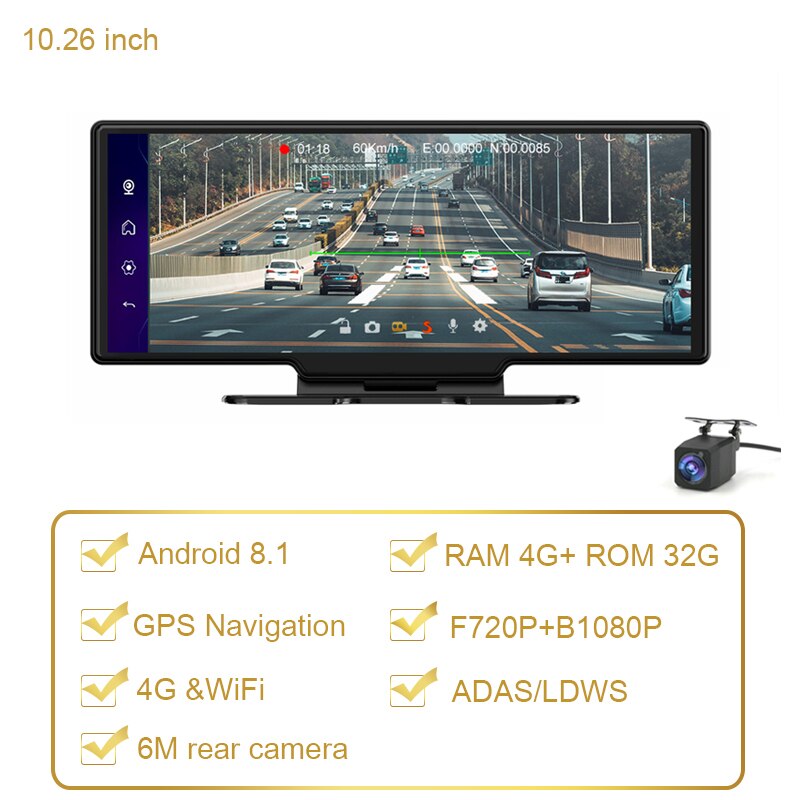 

10,26-дюймовый автомобильный GPS-навигатор 4 ГБ + 32 ГБ приборная панель 4G Android 8.1 автомобильный черный ящик навигатор ADAS автомобильный видеорегистратор удаленный монитор