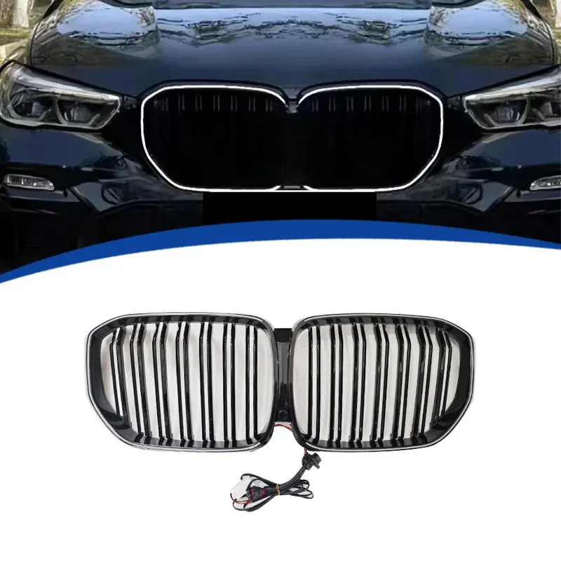 

Подходит для BMW X5 2019-2022 гг., двухлинейная черная модель G05, решетка с подсветкой и подсветкой.