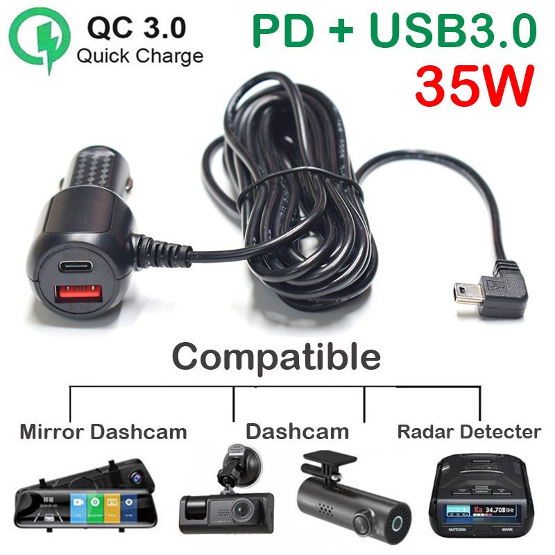 

Автомобильное зарядное устройство PD Type-C USB QC3.0 с портом Micro / Mini / Type-C для автомобильного видеорегистратора, радар-детектора, GPS-камеры, DVR, 3,5 метра