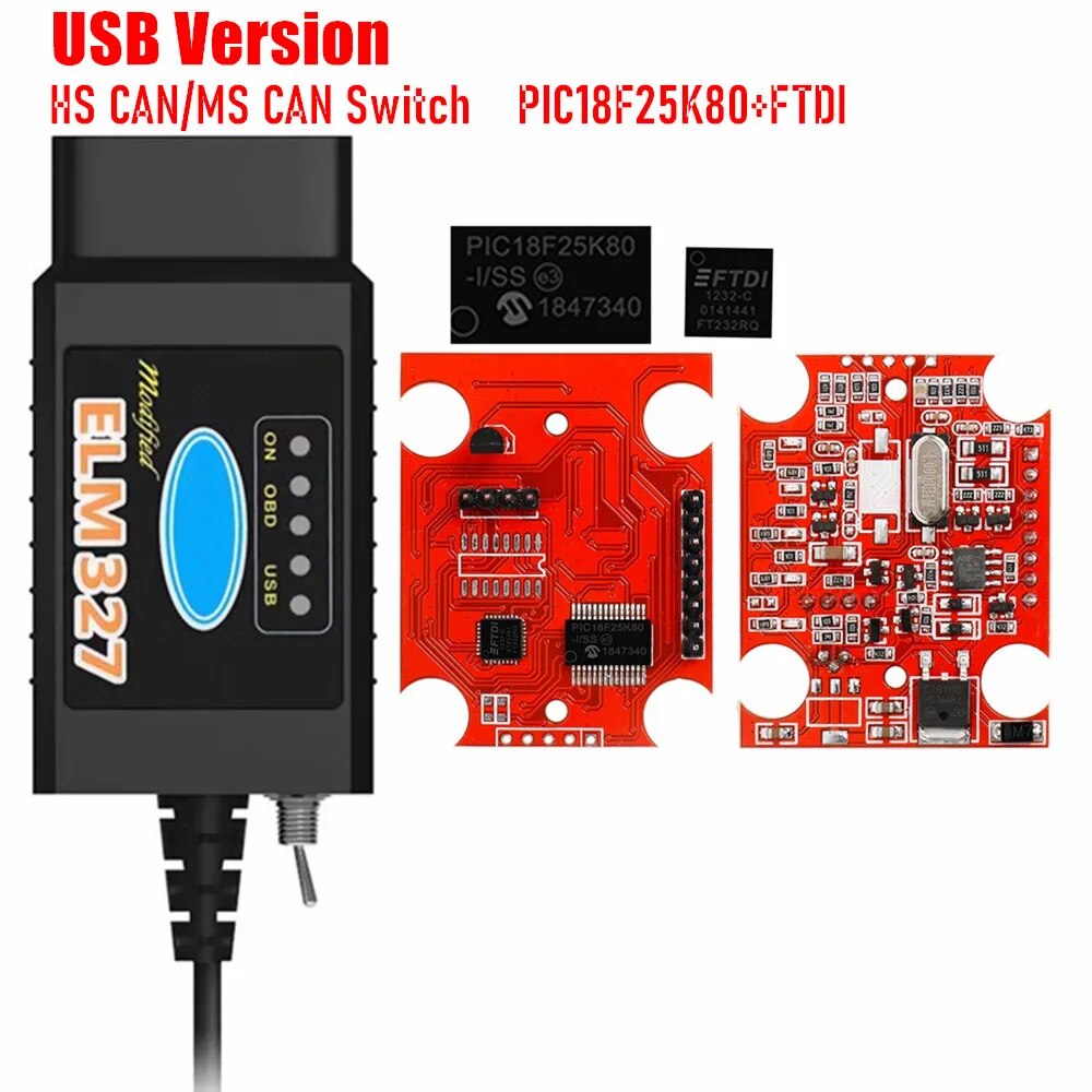 

OBD2 Автомобильный диагностический инструмент elm 327 HS CAN/MS CAN ELM327 USB V1.5 FTDI/CH340 PIC18F25K80 с переключателем для Ford для Forscan