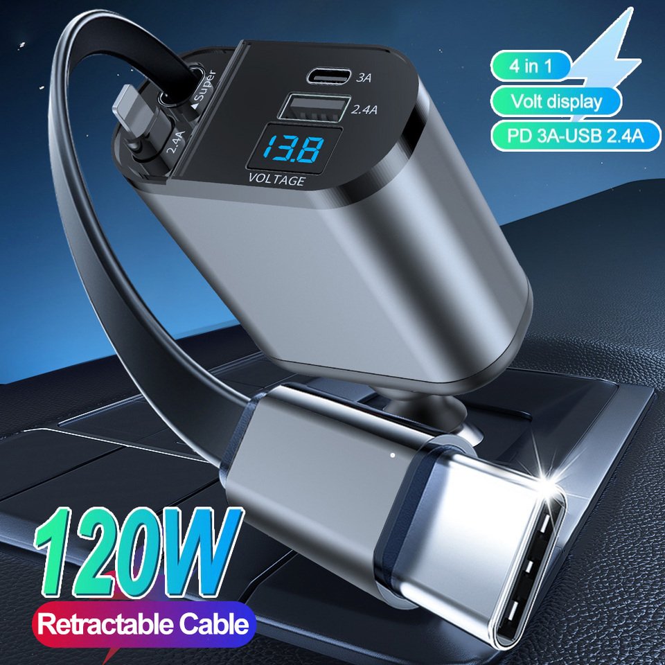 

Автомобильная Зарядная Станция 4-в-1 Мощностью 120 Вт С Кабелем USB-C Для iPhone Huawei Samsung Адаптер Быстрой Зарядки PD QC...