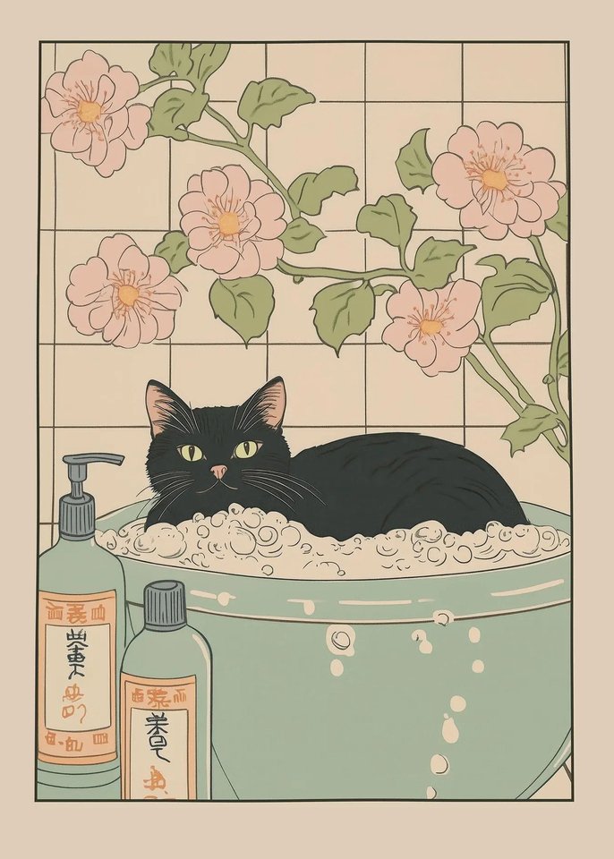 

Шотландский кот в ванне, плакат с принтом, черный кот, табби, кошка, ест Рамен, холст, картина, японское настенное искусство, декор для ванной комнаты и кухни