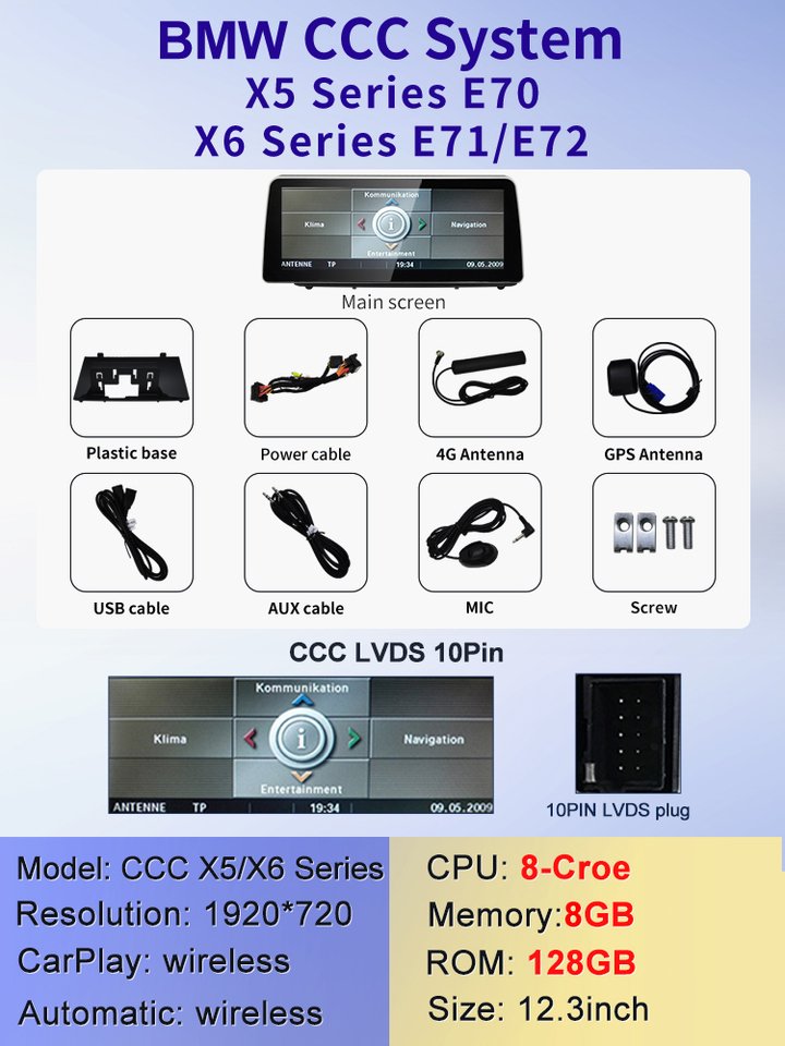 

2024 Новый ID6 ID7 ID8 Android 13 Qualcomm680 Snapdragon6225 8 ГБ 256 ГБ 12,3 дюйма для BMW X5 E70 X6 E71 CarPlay AUTO GPS NAVI