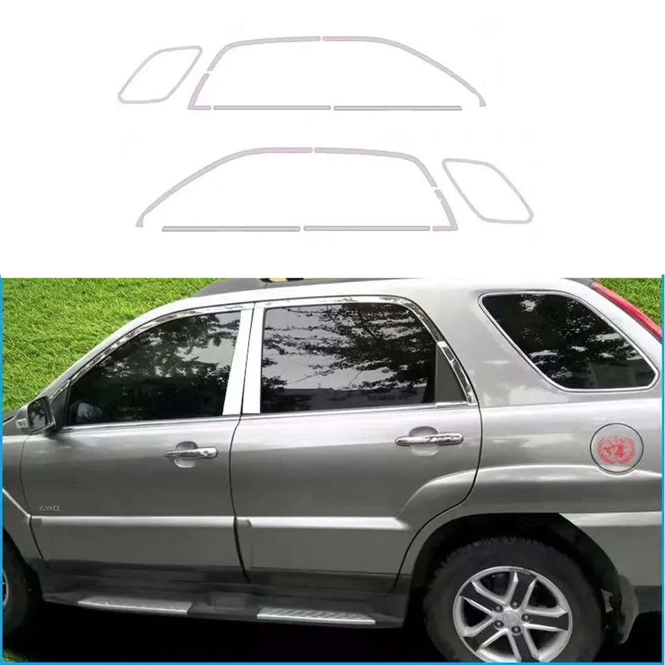 

Полноценная накладка на оконную раму для Kia Sportage 2 JE KM 2005 ~ 2010 2006, серебряная крышка из нержавеющей стали, аксессуары для стайлинга