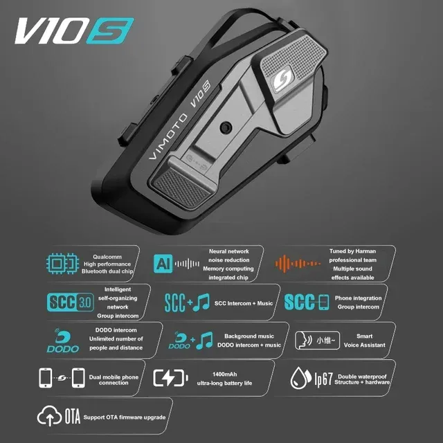 

Vimoto XR/V10S/V10X Мотоциклетный шлем Bluetooth-гарнитура Домофон IPX67 Водонепроницаемый шумоподавитель Обмещение музыки на несколько человек