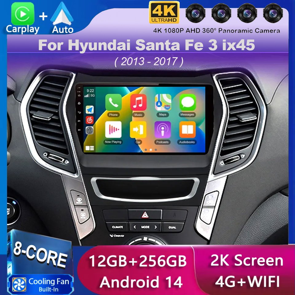 

Автомагнитола на Android 14 для Hyundai Santa Fe 3 ix45 2013 2014 2015 2016 2017, мультимедийный проигрыватель с GPS и камерой 360