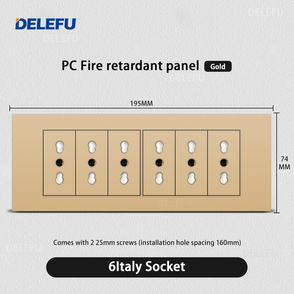 

DELEFU Огнестойкая панель SC31 195 мм, золотая, итальянский стандарт, USB Type C, настенная розетка для быстрой зарядки, переключатель ТВ-телефона CAT5 CAT6