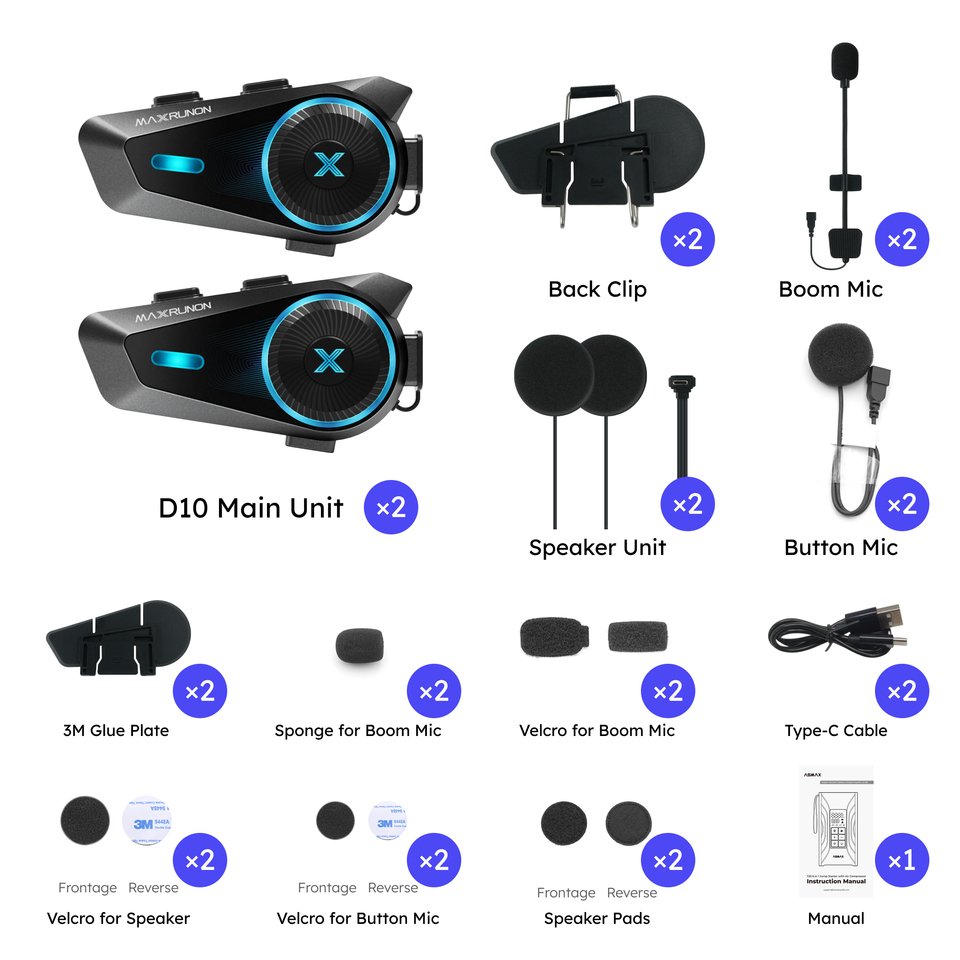 

MAXRUNON D10 Мотоциклетная Bluetooth-гарнитура для шлема с внутренней связью 4 гонщика Приложение для переговорного устройства Moto Group AI Голосовое управление ENC IPX7 FM BT5.4 Русские инструкции, Русские подкасты