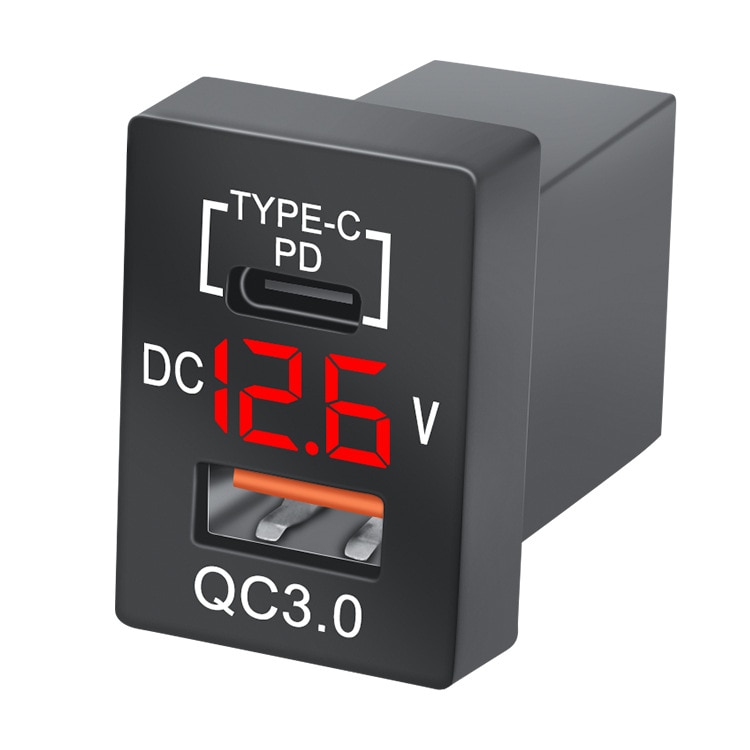 

Автомобильное зарядное устройство, с разъемом USB Type C/QC 3,0, 12-24 В, вольтметр, светодиодный индикатор, для Toyota, мобильный телефон