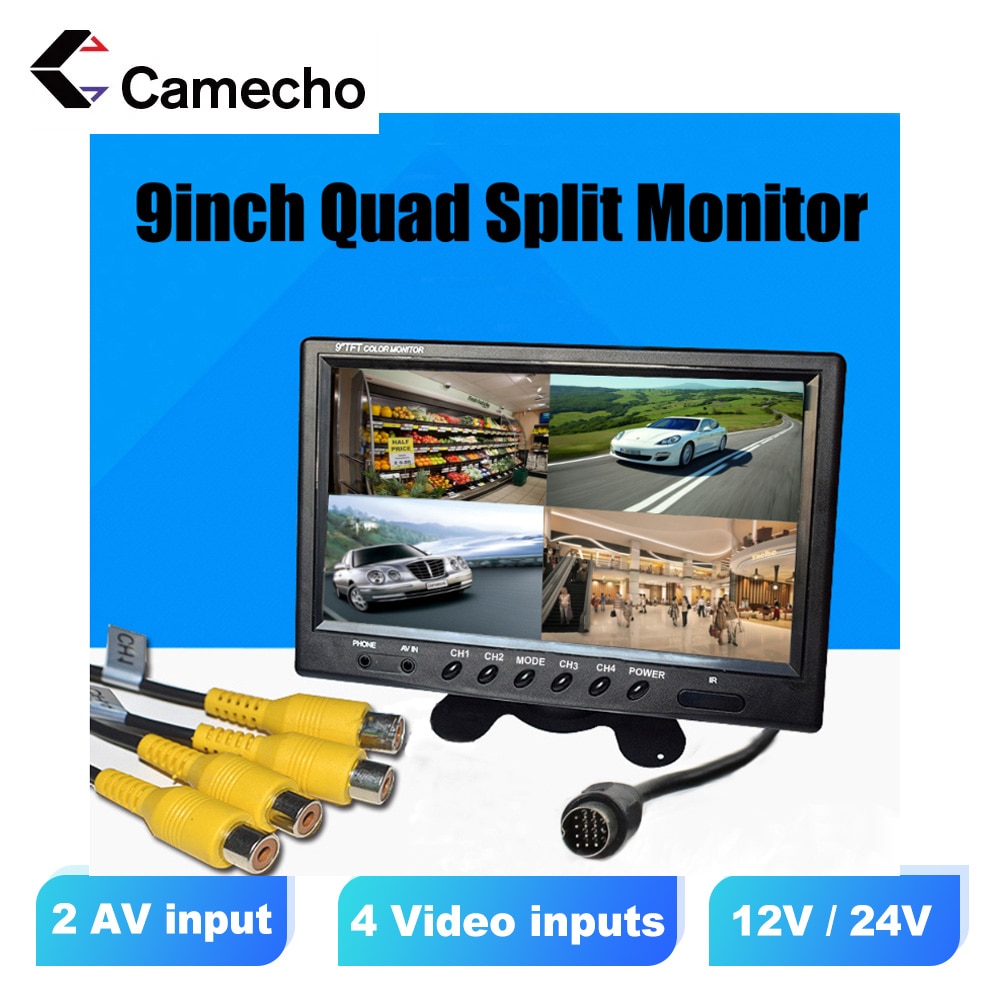 

Автомобильный монитор Camecho, 9-дюймовый монитор заднего вида на подголовник, 4 раздельные экрана, с разъемами RCA, с дистанционным управлением и 6 режимами работы