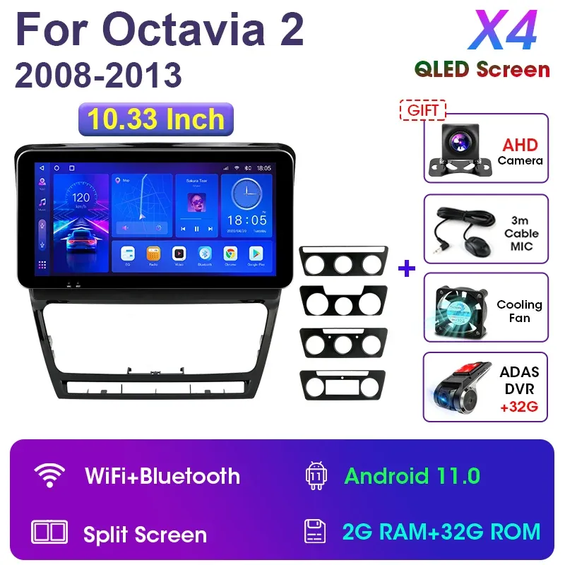 

Автомагнитола 2 Din на Android 11, мультимедийный видеоплеер 10,33 дюйма для SKODA Octavia 2 A5 2007 - 2014 QLED экран, стерео Carplay, авто 4G