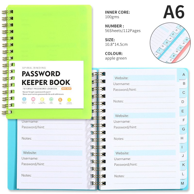

A6 Coil Password Keeper Book With Letter Index Label Internet Login Password Local Address Book PP Cover Student Office Notebook