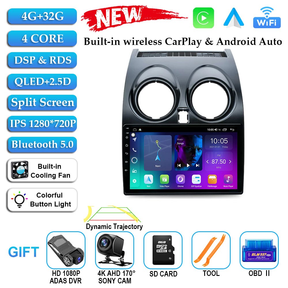 

Автомагнитола 9 дюймов, Android 14, мультимедиа для Nissan Qashqai J10 2006 2007 2008 - 2013 Carplay 4G, 2din, GPS