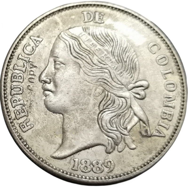 

Копия посеребренной монеты Колумбия 5 децимос 1889 года