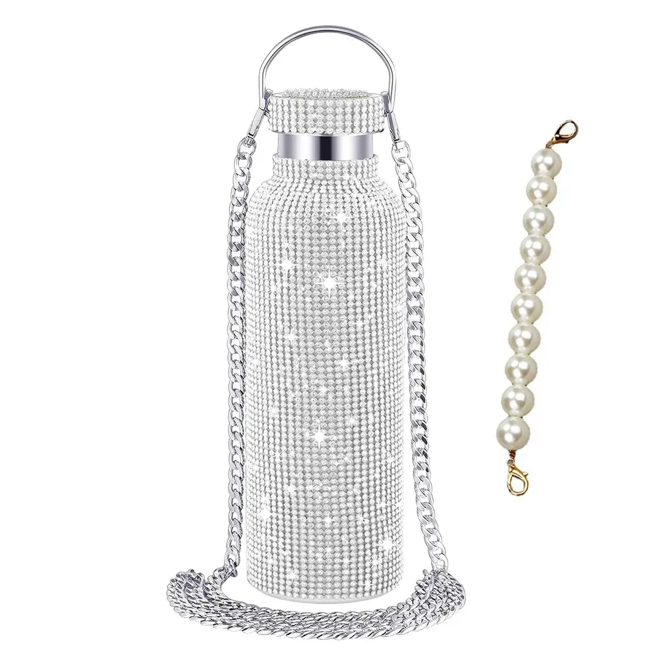 

500/600/750/1000ml Diamond Thermos Bottle With 2pcs Chain Portable Rhinestone Water Bottle Stainless Steel Thermal Vacuum Flask