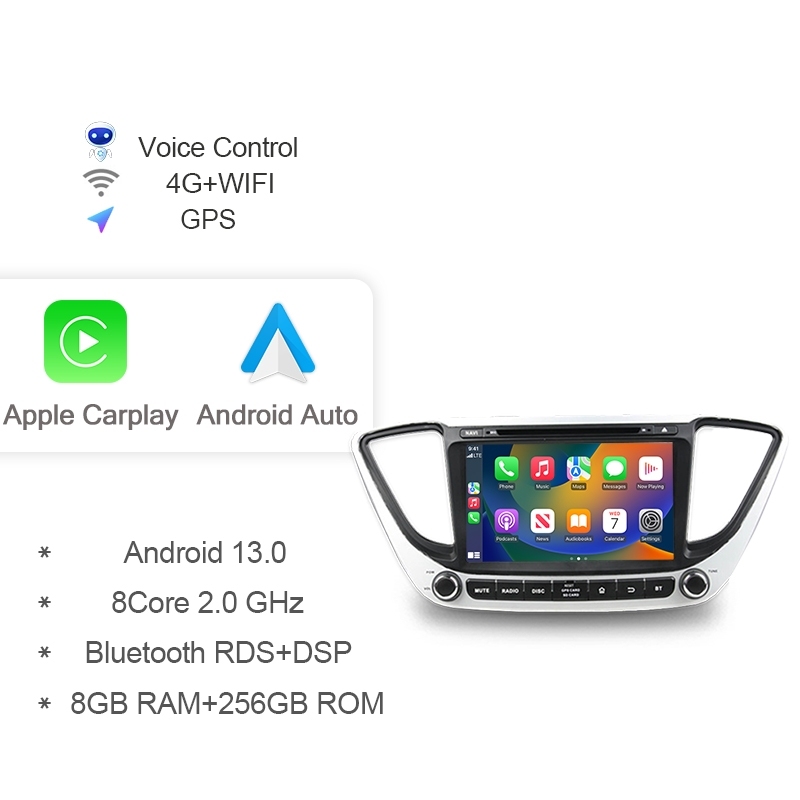 

Автомобильный DVD-плеер Carplay 8 дюймов IPS 720P Android 13,0 для Hyundai Accent Verna Solaris 2016-2021 GPS Радио Стерео 256 ГБ 4G LTE Wi-Fi