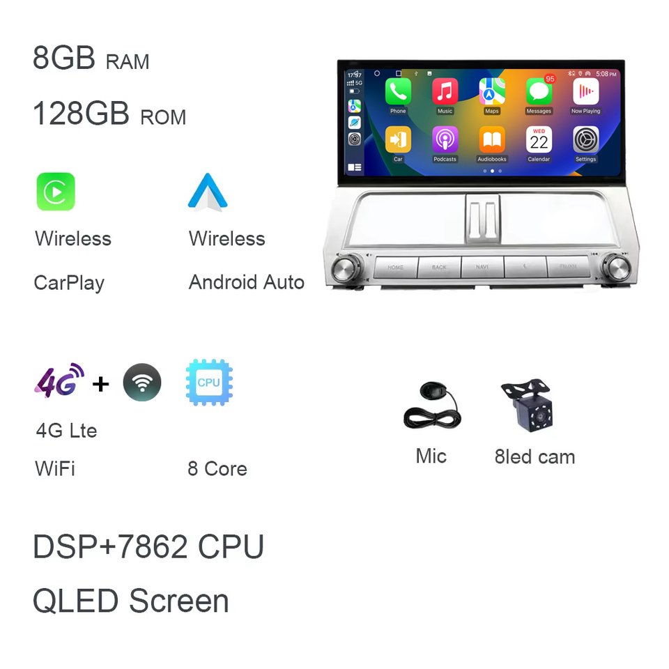 

QLED 1920*720 Carplay 12,3 "Android 13,0 8 ГБ + 128 ГБ автомобильное радио GPS WIFI Мультимедиа для Toyota Land Cruiser Prado 150 2018 - 2022