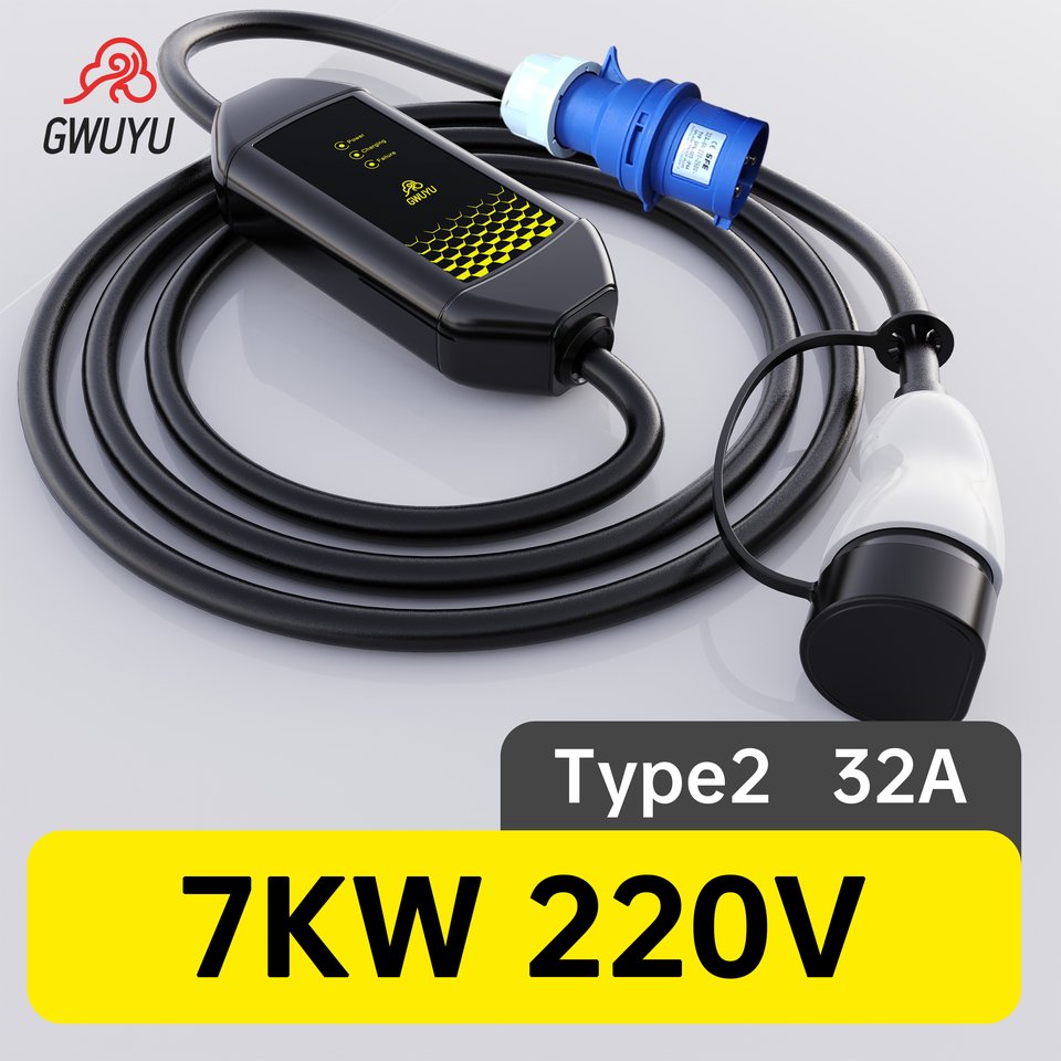 

Портативное зарядное устройство GWUYU Type2, розетка 32A, 7,6 кВт, 220 В, зарядная станция EVSE, кабель 3,5 м с легкой версией для электромобиля